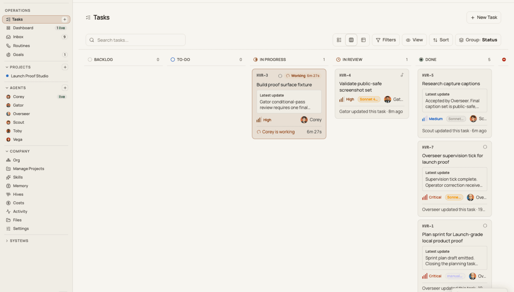 HiveRunner board showing overseer-friendly task state, active agents, review flow, and work in progress
